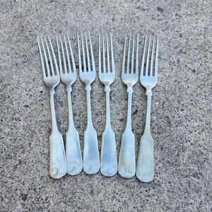 Alaska Fiddle Shell Tip Nickel Silver Dinner Forks Set 6 Antique Flatware 7.5in